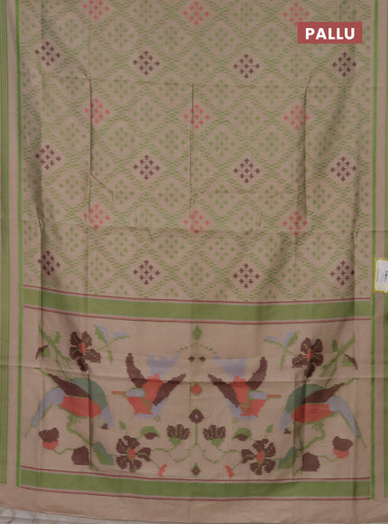 Semi sambalpuri silk saree beige and green with allover ikat weaves and thread woven border