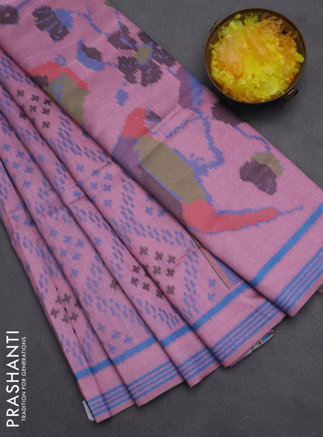 Semi sambalpuri silk saree peach pink and blue with allover ikat weaves and thread woven border