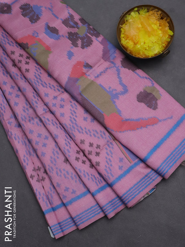 Semi sambalpuri silk saree peach pink and blue with allover ikat weaves and thread woven border