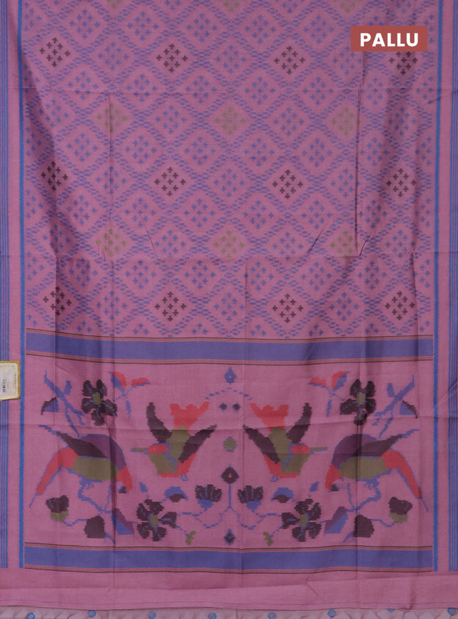 Semi sambalpuri silk saree peach pink and blue with allover ikat weaves and thread woven border