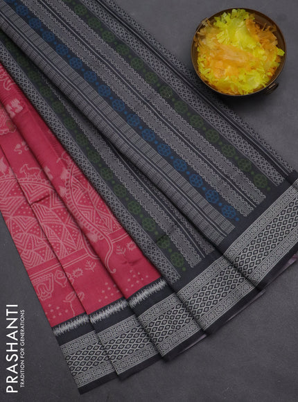 Semi sambalpuri silk saree pink shade and black with allover ikat weaves and thread woven border