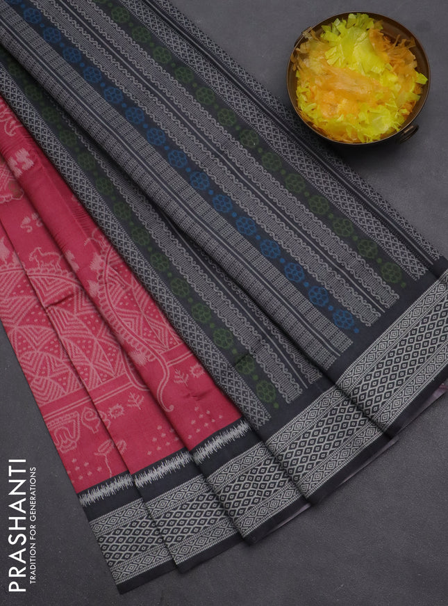 Semi sambalpuri silk saree pink shade and black with allover ikat weaves and thread woven border