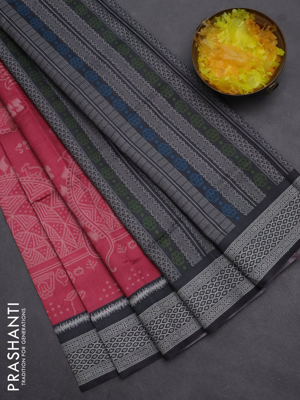 Semi sambalpuri silk saree pink shade and black with allover ikat weaves and thread woven border