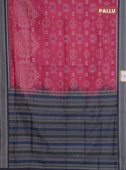 Semi sambalpuri silk saree pink shade and black with allover ikat weaves and thread woven border