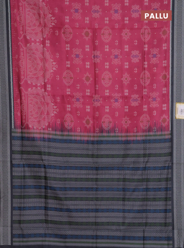 Semi sambalpuri silk saree pink shade and black with allover ikat weaves and thread woven border