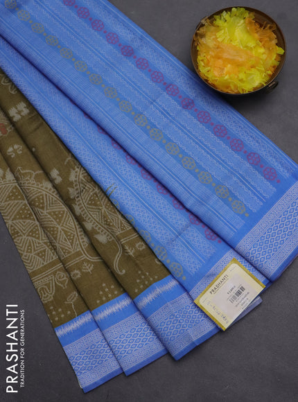 Semi sambalpuri silk saree mehendi green and blue with allover ikat weaves and thread woven border