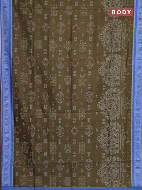 Semi sambalpuri silk saree mehendi green and blue with allover ikat weaves and thread woven border