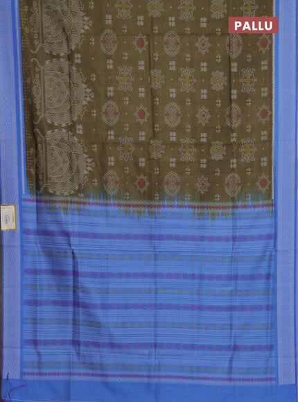 Semi sambalpuri silk saree mehendi green and blue with allover ikat weaves and thread woven border