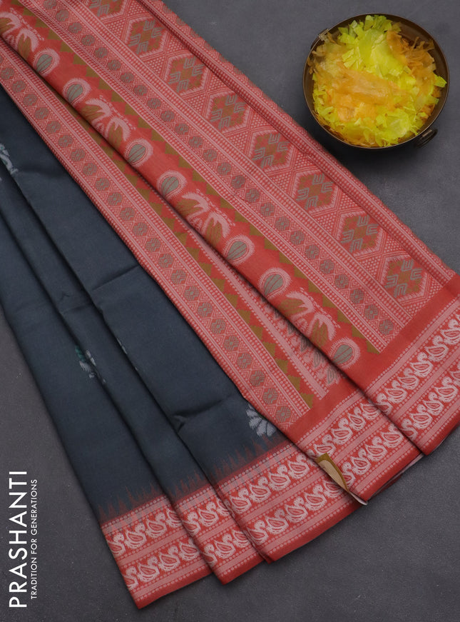 Semi sambalpuri silk saree dark grey and rust shade with allover ikat buttas and thread woven border