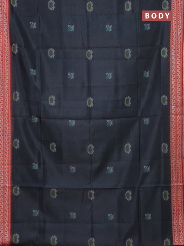 Semi sambalpuri silk saree dark grey and rust shade with allover ikat buttas and thread woven border
