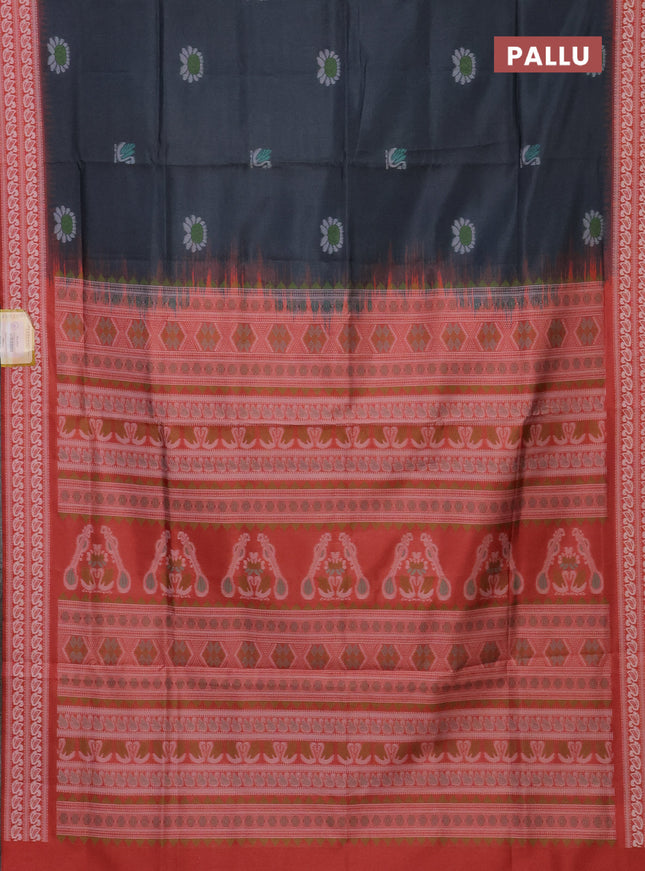 Semi sambalpuri silk saree dark grey and rust shade with allover ikat buttas and thread woven border