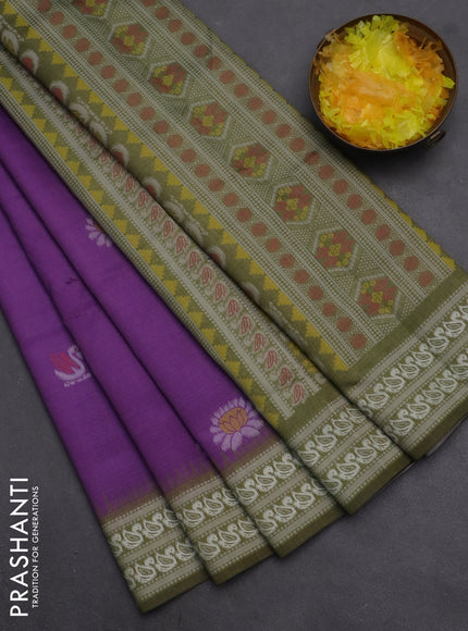 Semi sambalpuri silk saree purple and mehendi green with allover ikat buttas and thread woven border