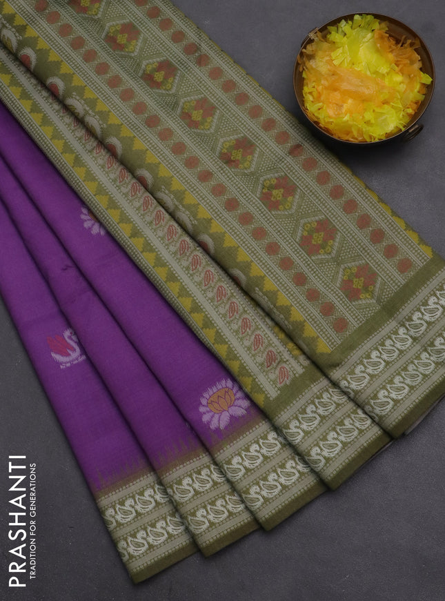 Semi sambalpuri silk saree purple and mehendi green with allover ikat buttas and thread woven border