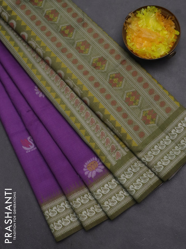 Semi sambalpuri silk saree purple and mehendi green with allover ikat buttas and thread woven border