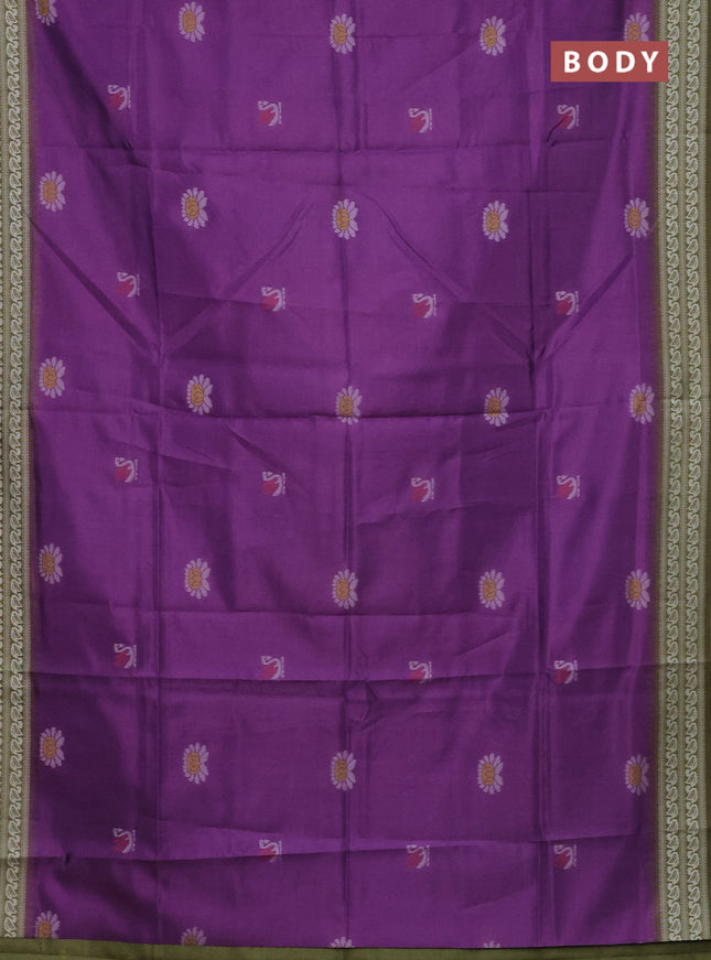Semi sambalpuri silk saree purple and mehendi green with allover ikat buttas and thread woven border