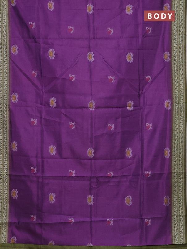 Semi sambalpuri silk saree purple and mehendi green with allover ikat buttas and thread woven border