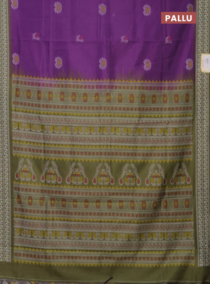Semi sambalpuri silk saree purple and mehendi green with allover ikat buttas and thread woven border