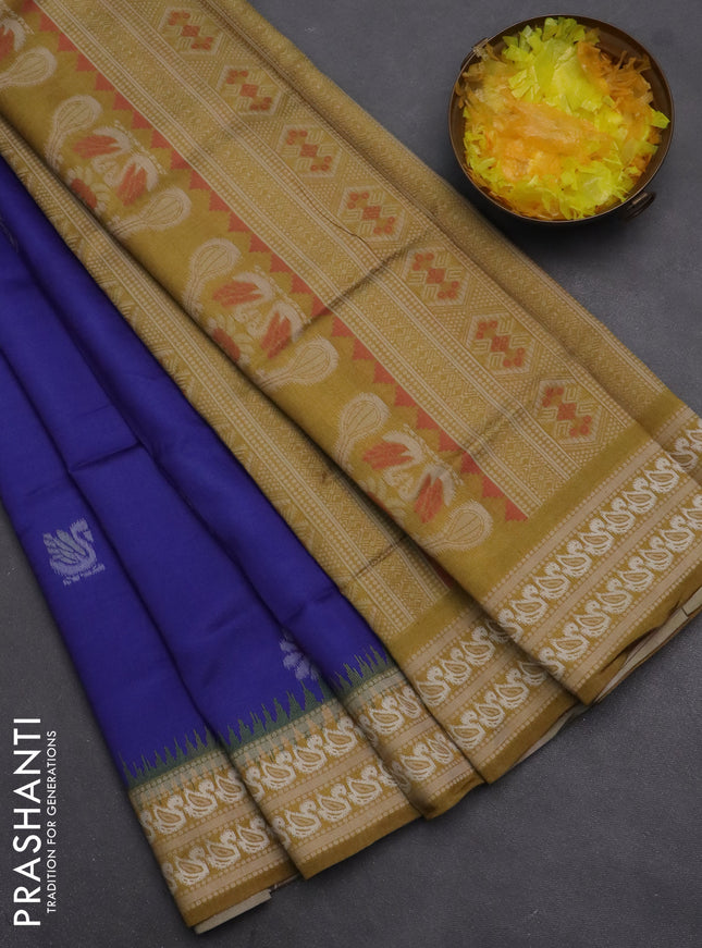 Semi sambalpuri silk saree blue and dark mustard with allover ikat buttas and thread woven border