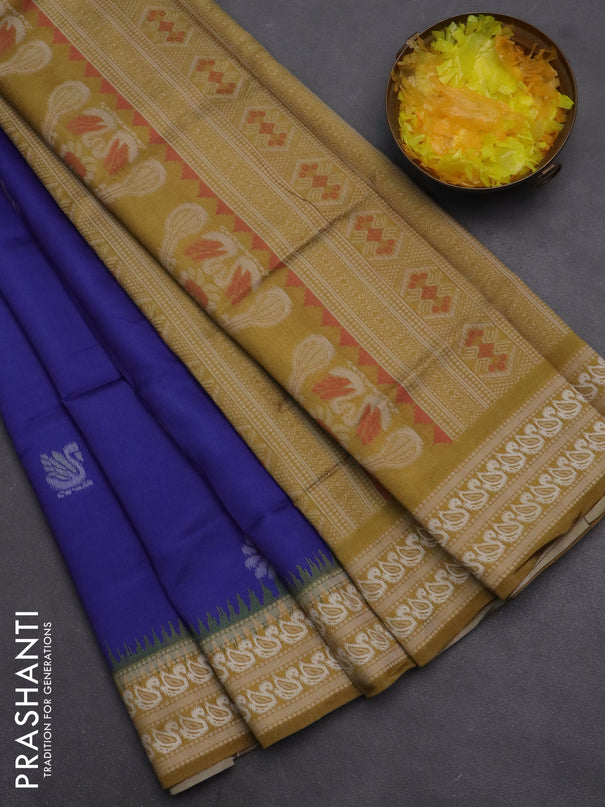 Semi sambalpuri silk saree blue and dark mustard with allover ikat buttas and thread woven border