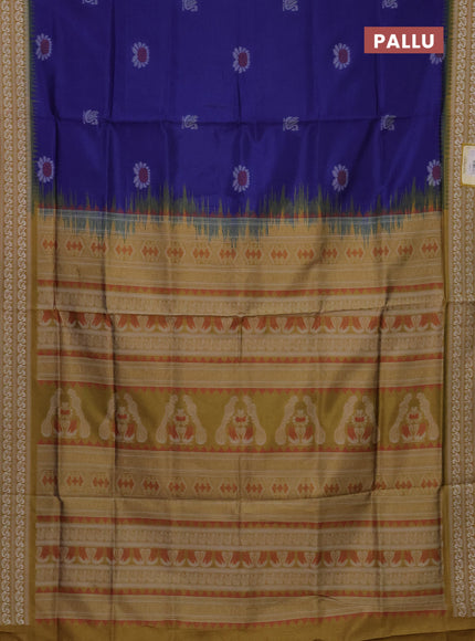 Semi sambalpuri silk saree blue and dark mustard with allover ikat buttas and thread woven border