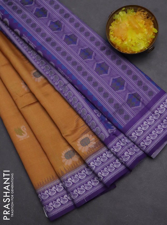 Semi sambalpuri silk saree mustard yellow and violet with allover ikat buttas and thread woven border