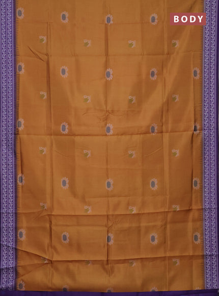 Semi sambalpuri silk saree mustard yellow and violet with allover ikat buttas and thread woven border