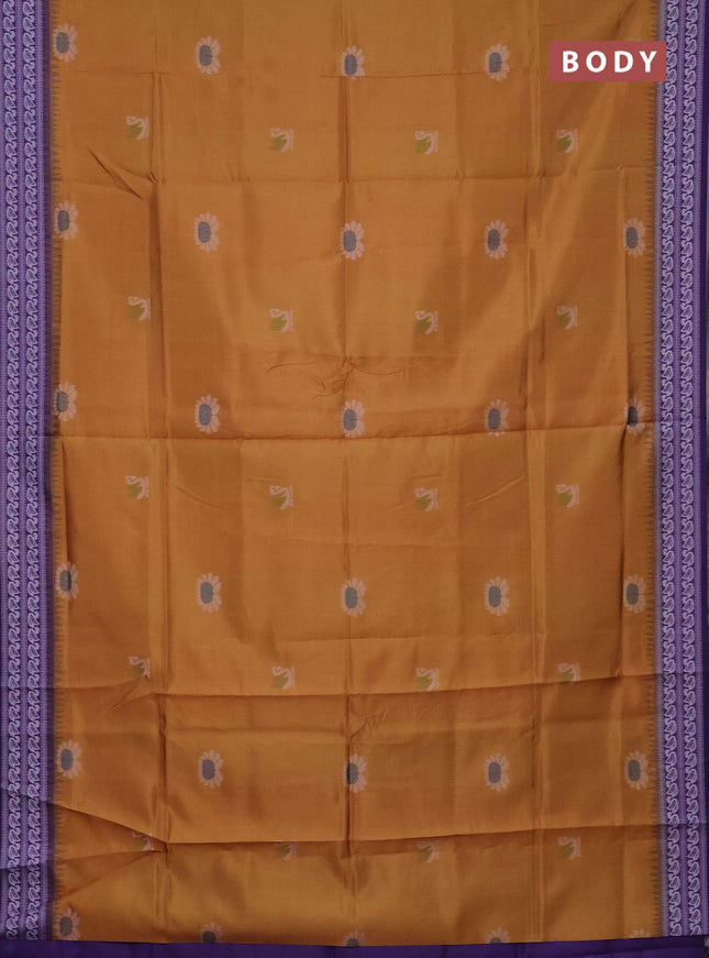 Semi sambalpuri silk saree mustard yellow and violet with allover ikat buttas and thread woven border