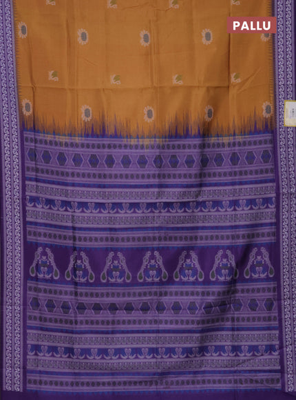 Semi sambalpuri silk saree mustard yellow and violet with allover ikat buttas and thread woven border