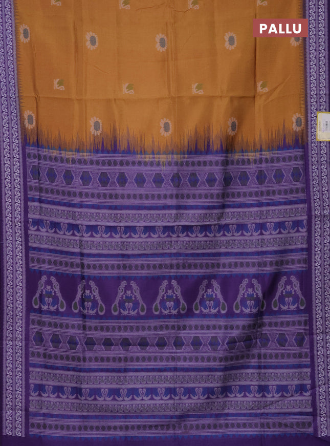 Semi sambalpuri silk saree mustard yellow and violet with allover ikat buttas and thread woven border