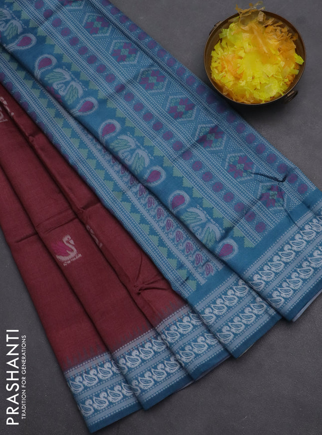 Semi sambalpuri silk saree deep maroon and peacock blue with allover ikat buttas and thread woven border