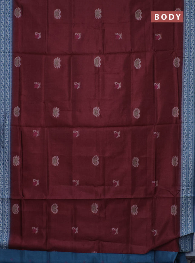 Semi sambalpuri silk saree deep maroon and peacock blue with allover ikat buttas and thread woven border