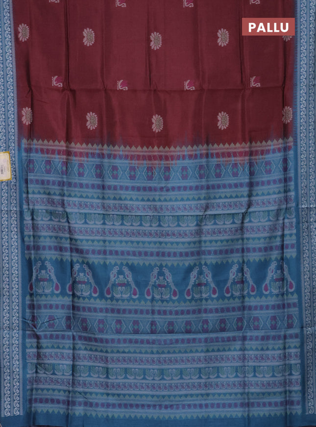Semi sambalpuri silk saree deep maroon and peacock blue with allover ikat buttas and thread woven border