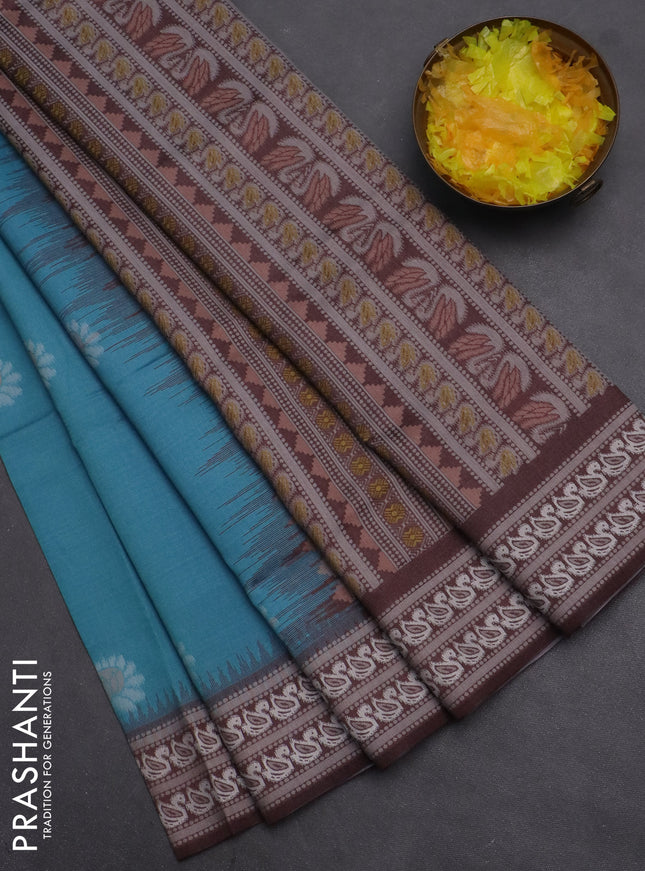 Semi sambalpuri silk saree teal blue and brown with allover ikat buttas and thread woven border