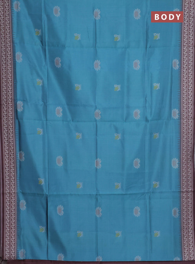 Semi sambalpuri silk saree teal blue and brown with allover ikat buttas and thread woven border