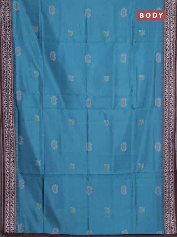 Semi sambalpuri silk saree teal blue and brown with allover ikat buttas and thread woven border
