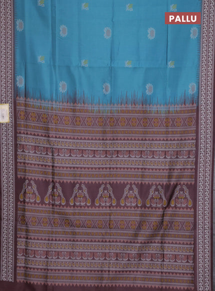 Semi sambalpuri silk saree teal blue and brown with allover ikat buttas and thread woven border