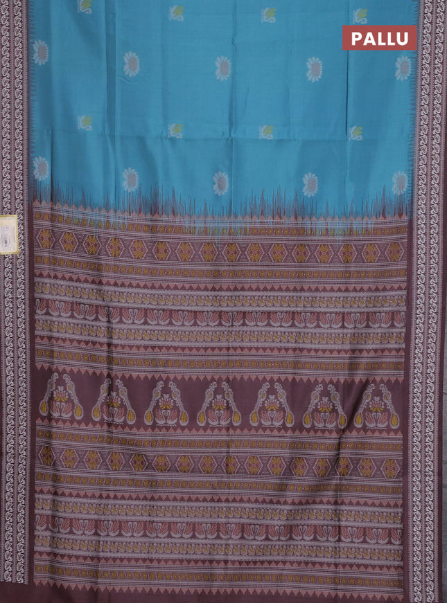 Semi sambalpuri silk saree teal blue and brown with allover ikat buttas and thread woven border
