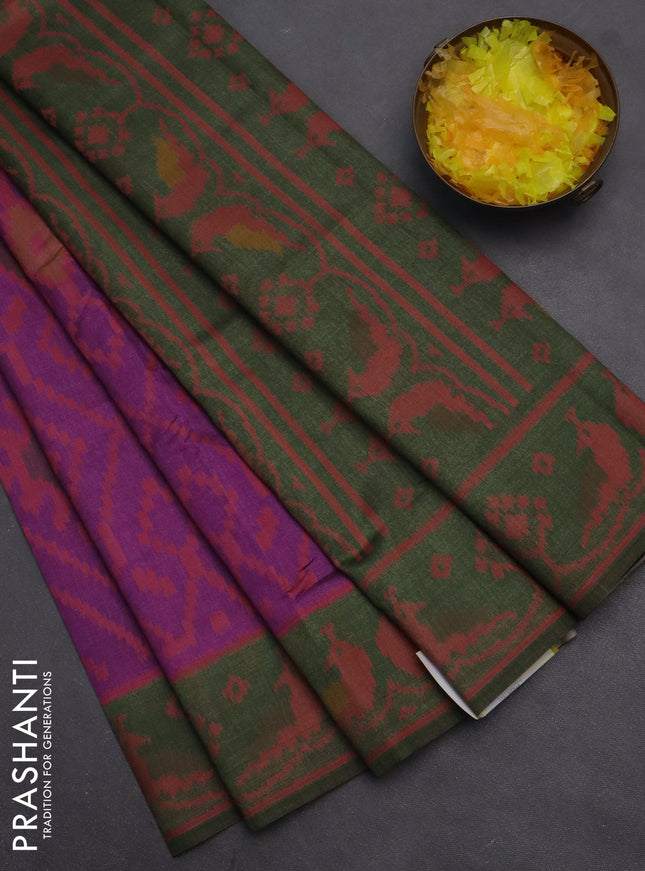 Semi sambalpuri silk saree purple and sap green with allover ikat weaves and thread woven border