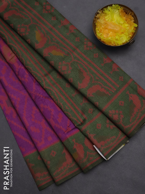 Semi sambalpuri silk saree purple and sap green with allover ikat weaves and thread woven border