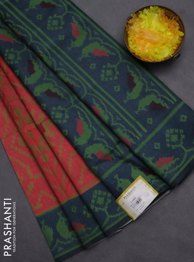 Semi sambalpuri silk saree red shade and peacock blue with allover ikat weaves and thread woven border