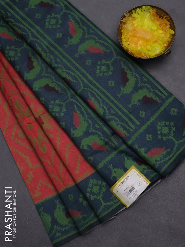 Semi sambalpuri silk saree red shade and peacock blue with allover ikat weaves and thread woven border