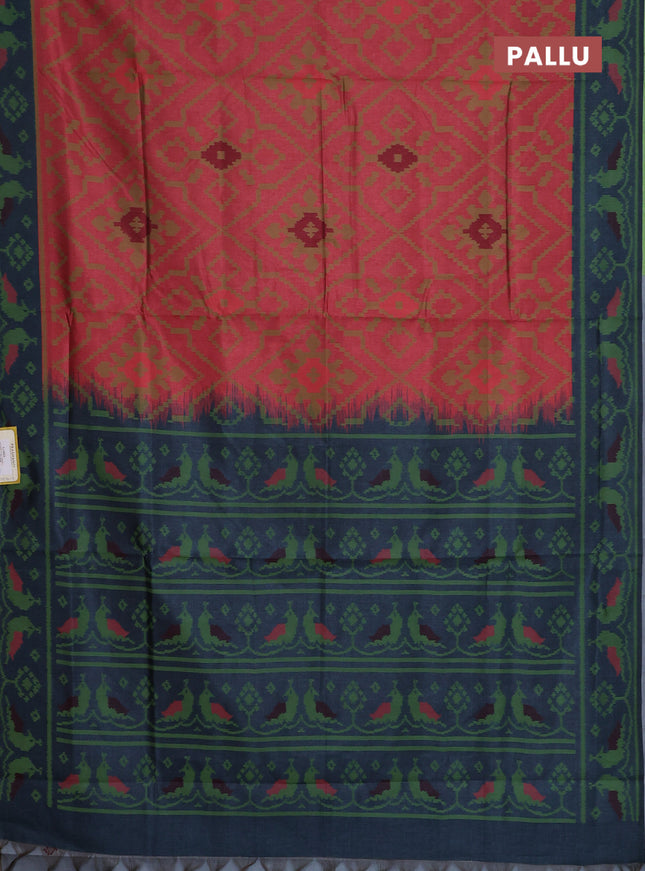 Semi sambalpuri silk saree red shade and peacock blue with allover ikat weaves and thread woven border