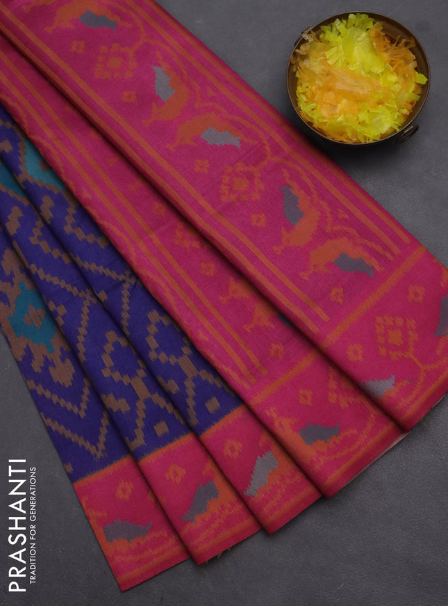 Semi sambalpuri silk saree dark blue and pink with allover ikat weaves and thread woven border