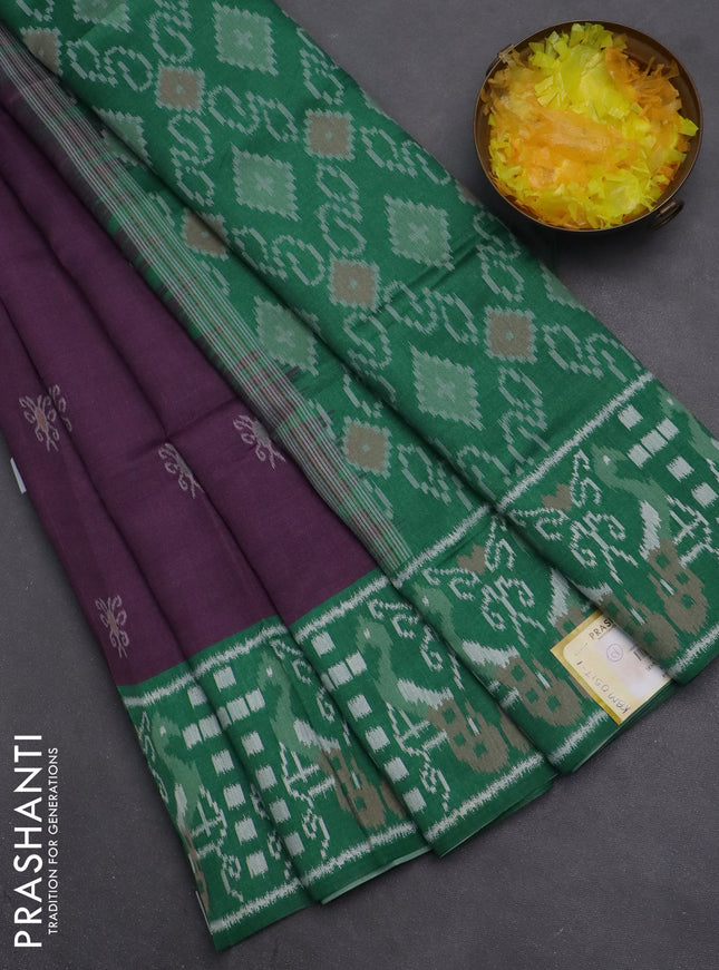Semi sambalpuri silk saree purple and green with allover ikat buttas and thread woven border