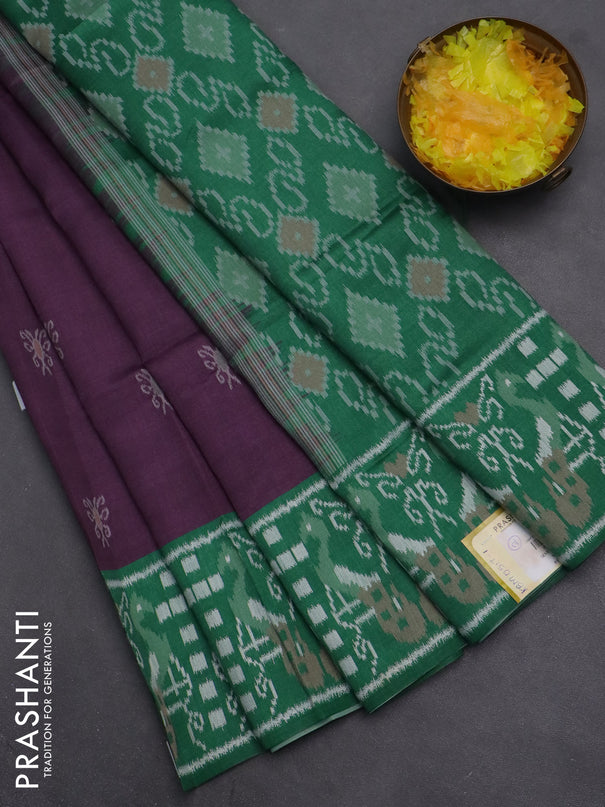Semi sambalpuri silk saree purple and green with allover ikat buttas and thread woven border