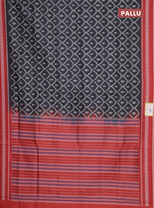 Semi sambalpuri silk saree black and rustic orange with allover ikat weaves and thread woven border