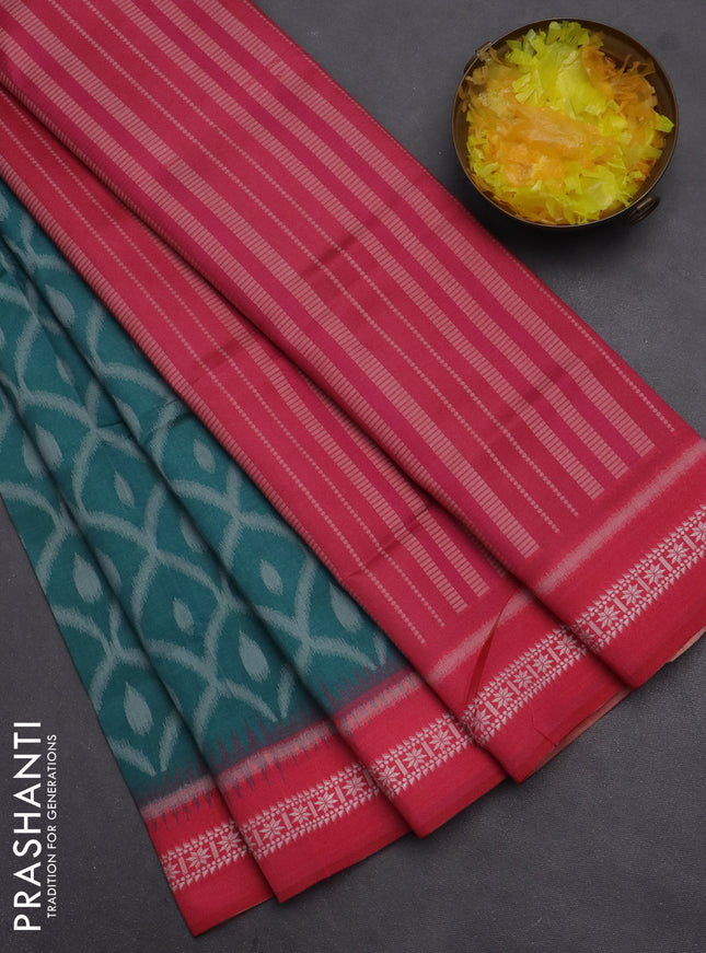 Semi sambalpuri silk saree teal green and pink with allover ikat weaves and thread woven border