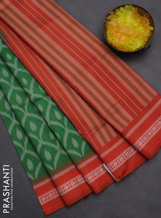 Semi sambalpuri silk saree green and orange with allover ikat weaves and thread woven border