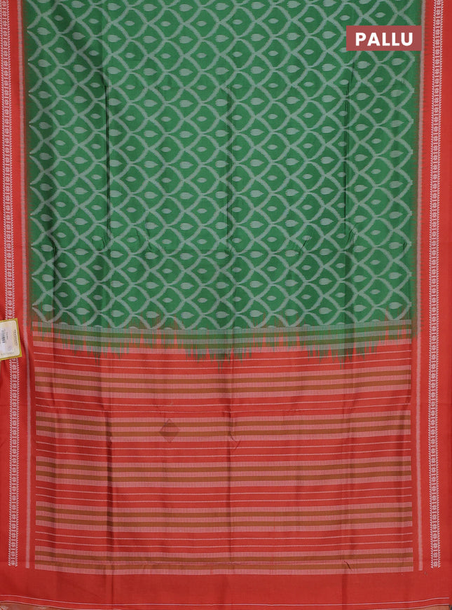 Semi sambalpuri silk saree green and orange with allover ikat weaves and thread woven border