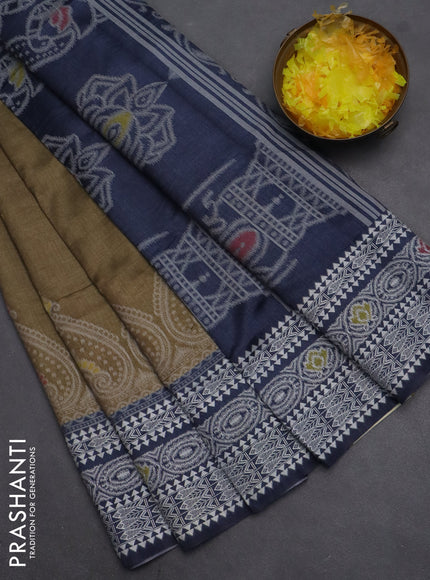 Semi sambalpuri silk saree olive green and navy blue with allover ikat buttas and thread woven border